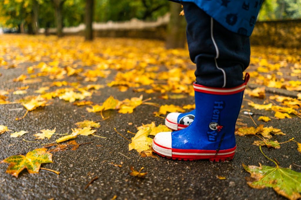 Child in blue rain boots walking on wet autumn leaves in a park, capturing the essence of fall.